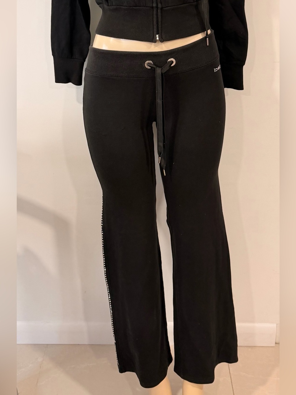 bebe Black Rhinestone-Trim Boot Cut Pants Y2K